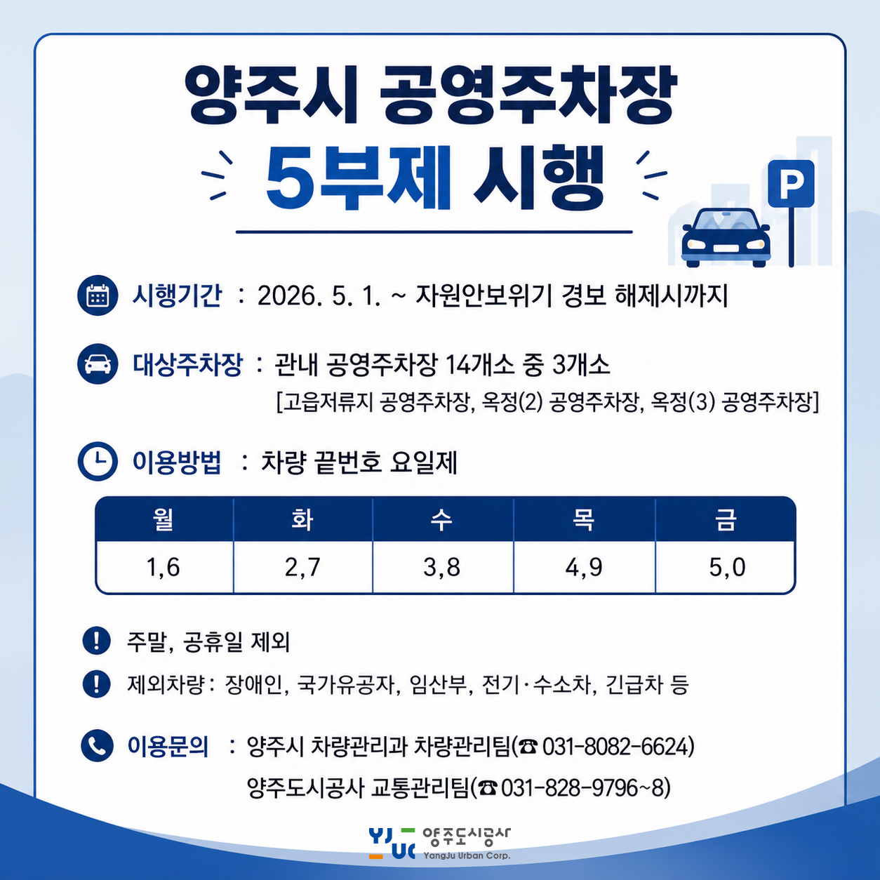 양주시 공영주차장 5부제 시행 안내