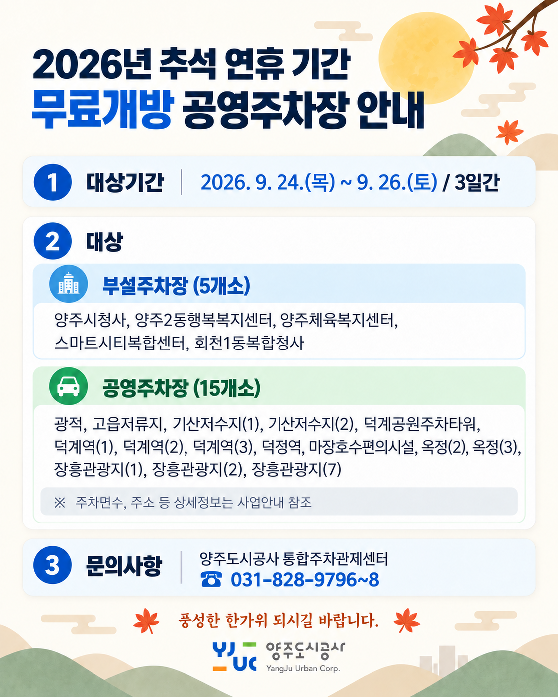 2026년 추석 연휴 양주시 공영주차장 무료개방 안내